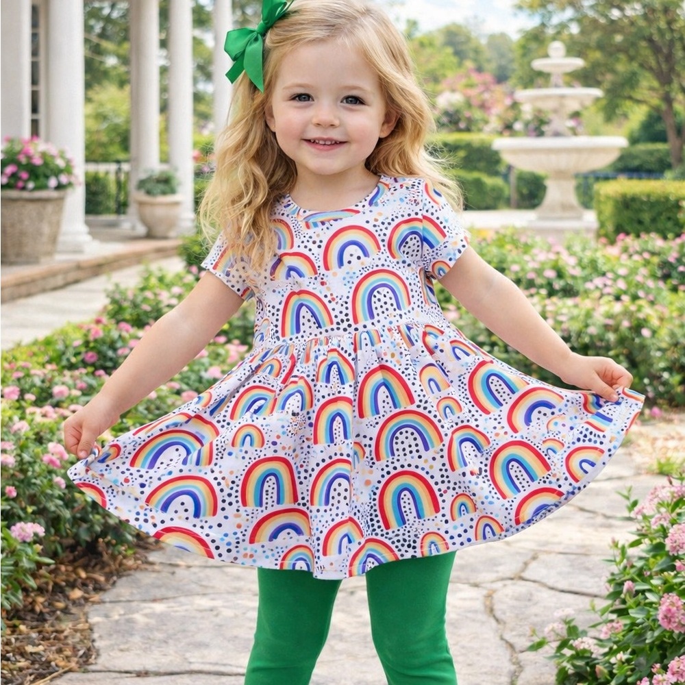 Rainbow twirl top boutique green ruffle leggings girls St. Patrick’s day outfit